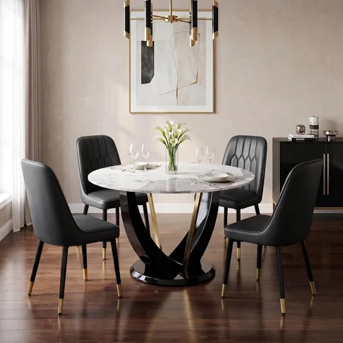 Juego de mesa de comedor redonda de 48'' para 4, juego de mesa y sillas de cocina de mármol, conjunto de 4, mesa redonda con pata de MDF negro y