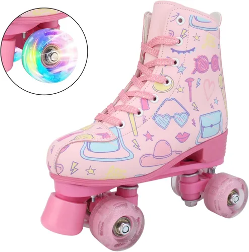 Miniatura 9 de Patines de dibujos animados para niñas y mujeres, patines de doble fila con ruedas iluminadas, patines de piel sintética con cordones, patines