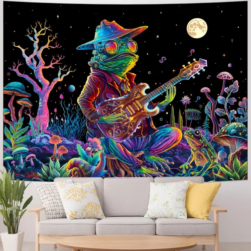 Miniatura 3 de Galoker - Tapiz de luz negra con rana, tapiz de hongos neón de fantasía, tapiz de plantas florales reactivas a los rayos UV, tapiz de pared