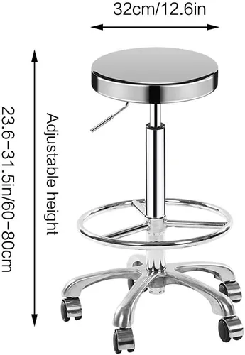Miniatura 2 de LUXUCURE Taburete rodante de metal con ruedas y reposapiés, taburete de belleza resistente de altura ajustable, estructura de acero inoxidable