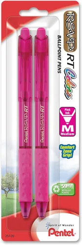 Pentel RSVP RT Colors - Bolígrafo retráctil de punta redonda, línea mediana, barril, tinta rosa, paquete de 2 unidades (BK93CRBP2P)