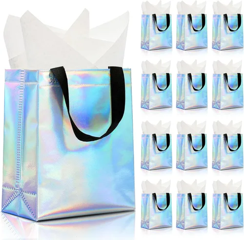Miniatura 16 de KeerxunBag 12 piezas de bolsas de regalo reutilizables (incluye papel de seda) Bolsa de regalo con asa para cumpleaños, fiestas, días festivos
