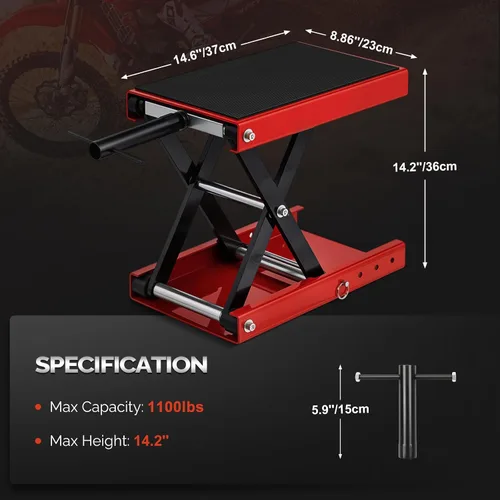 Miniatura 8 de TUFFIOM 1100LBS Gato de elevación de tijera para motocicleta, altura ajustable con superficie superior de goma y pin de seguridad, soporte central
