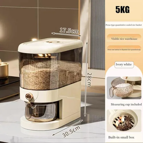 Miniatura 2 de Peaoop Dispensador de arroz de 11 libras, gran contenedor de almacenamiento de granos con tapa, cilindro de medición para el hogar, dispensador