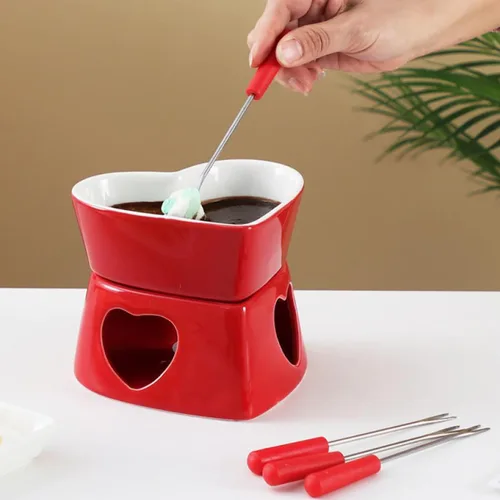 Miniatura 4 de Sizikato Juego de fondue de chocolate de porcelana roja en forma de corazón, 10 onzas