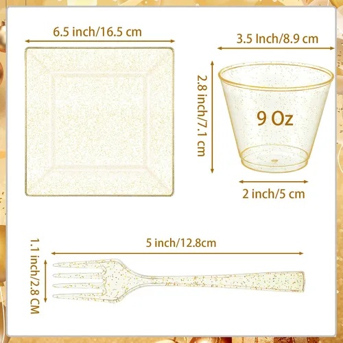 Miniatura 2 de Mifoci Juego de 300 platos de plástico con purpurina dorada para bodas, fiestas, 100 platos de postre de 6.5 pulgadas con 100 tenedores y 100 tazas