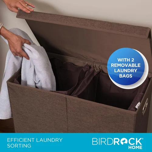 Miniatura 5 de BIRDROCK HOME Cesta de lavandería con tapa, bolsas extraíbles para clasificar ropa, cesta de lavandería seccionada para dormitorio y baño, Marrón