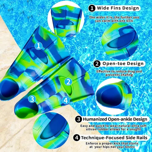 Miniatura 2 de Aletas de Natación para Niños, Aletas Cortas Cómodas para Natación de Vueltas y Entrenamiento para Niños, Niñas, Niños, Principiantes Colorido-Verde