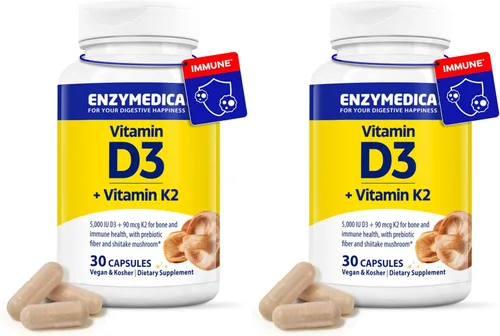 Miniatura 10 de Enzymedica Vitamina D3 K2, 5000 UI Vegan D3 + 90 mcg MK-7, suplemento a base de plantas con hongos shiitake y fibra prebiótica para apoyo óseo e