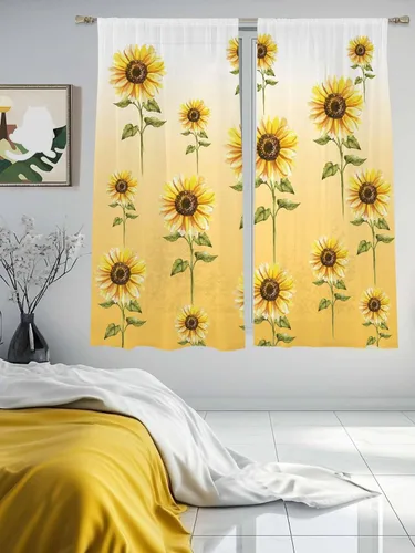 Miniatura 4 de Juego de 2 paneles de cortinas de girasol de 63 pulgadas de largo, cortinas traslúcidas amarillas con bolsillo para barra, cortinas de cocina