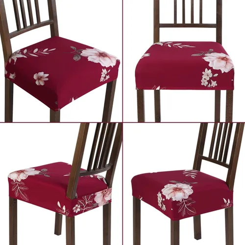 Miniatura 6 de SearchI - Fundas de asiento para sillas de comedor elásticas, juego de 6, fundas de asiento suaves extraíbles y lavables para sillas de comedor, Rojo
