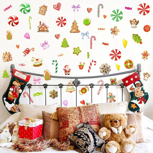 Miniatura 3 de Adornos de Navidad, calcomanías de pared para despegar y pegar, calcomanías de pared extraíbles de bastón de caramelo, calcomanías de piso de menta
