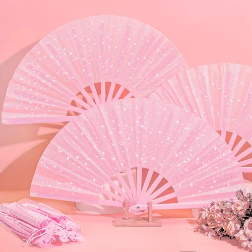Miniatura 4 de Vercraft 24 abanicos de mano plegables grandes con purpurina para baile de línea, fanáticos de baile con bolsa, aplaudiendo, raves, fanáticos a Rosa