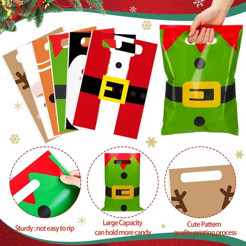 Miniatura 4 de Sinmoe 200 piezas bolsas de plástico de Navidad a granel, bolsa de regalo de mercancía de Navidad con asa de 9" x 12", reutilizable, bolsa