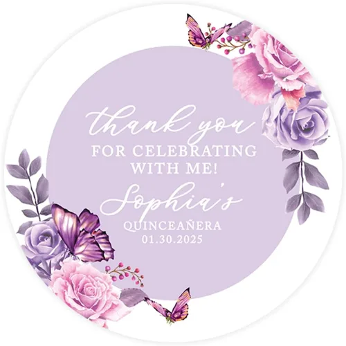 Andaz Press Paquete de 40 etiquetas personalizadas redondas de 2 pulgadas para Quinceañera, mariposas lilas personalizadas etiquetas de Lila Lavanda