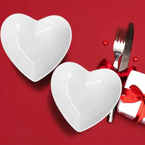 Miniatura 6 de Juego de 2 platos de ensalada profundos en forma de corazón de porcelana, cuencos de corazón de 7 pulgadas para servir postre/aperitivo/fruta, 19