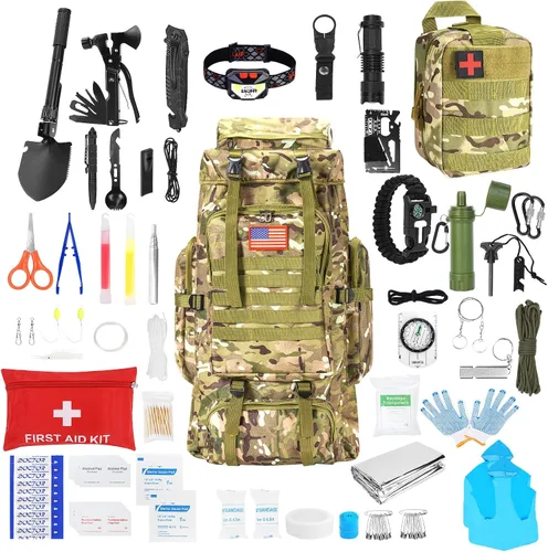 Survival Gear - Kit profesional y mochila grande para campamento, kit de primeros auxilios para aventura al aire libre, accesorios de senderismo