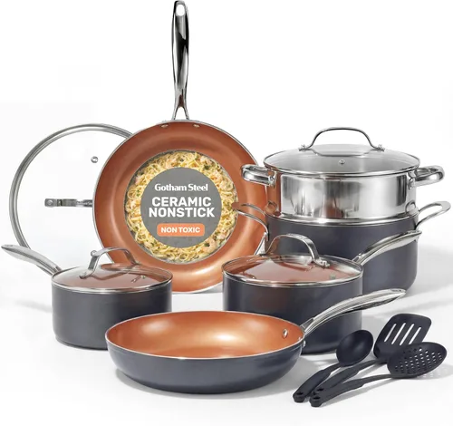 Miniatura 9 de GOTHAM STEEL Juego de utensilios de cocina de cerámica de 15 piezas, juego de ollas y sartenes de cerámica antiadherentes con utensilios de cocina