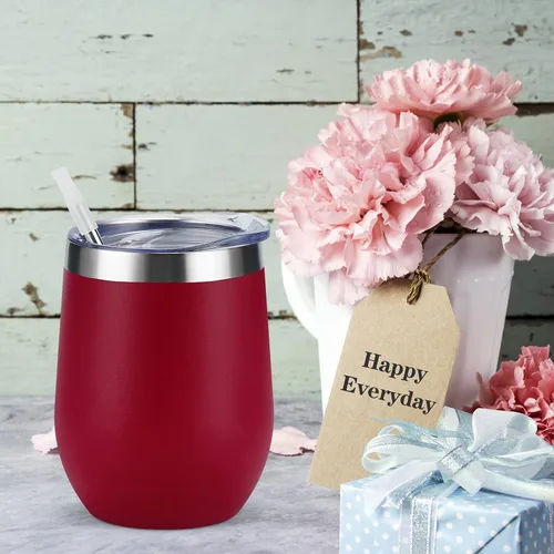 Miniatura 2 de Vaso de vino de acero inoxidable de 12 oz, doble pared con aislamiento al vacío con tapa y pajita, vaso de vino sin tallo de acero inoxidable