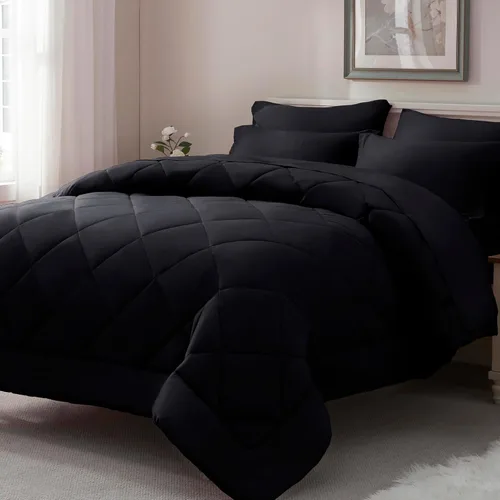 ELNIDO QUEEN® Juego de edredón tamaño Queen negro - 7 piezas de ropa de cama en una bolsa, tamaño Queen, juego completo para todas las estaciones,