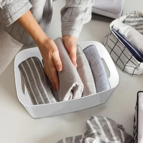 Miniatura 6 de Paquete de 8 contenedores y cestas de almacenamiento de plástico, contenedores de almacenamiento blancos para cocina, baño, oficina, organizador