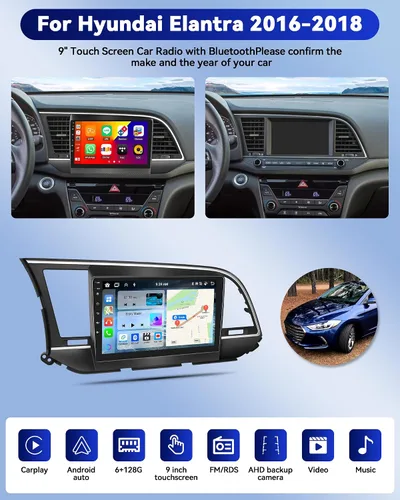 Miniatura 4 de CAMECHO 8 Core 6+128G Android 15 Estéreo de coche para Hyundai Elantra 2016 2017 2018, 9 pulgadas IPS 2.5D Radio de coche con Carplay inalámbrico