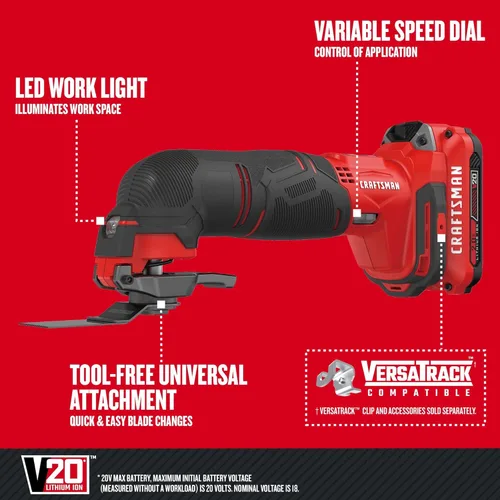 Miniatura 2 de CRAFTSMAN V20 Multiherramienta inalámbrica, kit de herramientas oscilantes, kit de 16 piezas con cuchillas, papel de arena, batería y cargador
