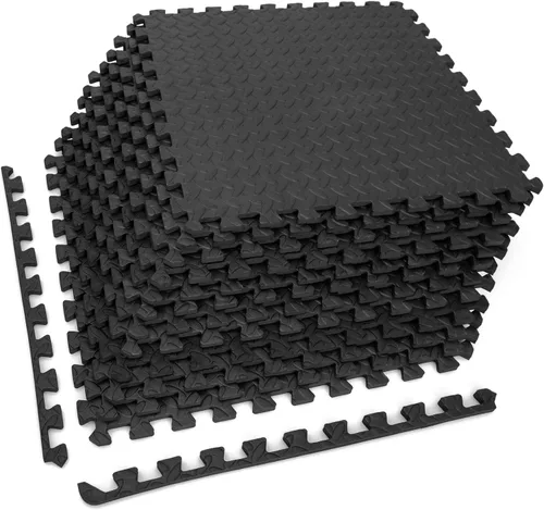Tangkula Alfombrillas de ejercicio de 12 azulejos con borde, tapetes protectores de espuma EVA antideslizantes, tapetes elásticos de juego de