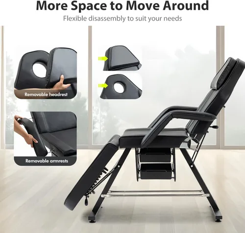 Miniatura 5 de Silla de tatuaje de salón de masaje con dos bandejas, cama esteticista con taburete hidráulico, mesa de cama facial multiusos de 3 secciones,