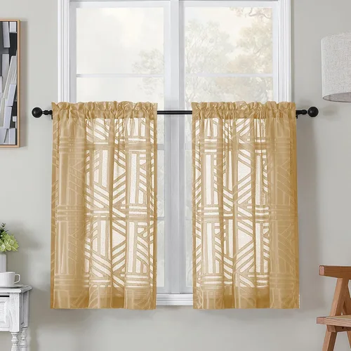 Miniatura 35 de Simplebrand Cortinas traslúcidas negras de cocina de 24 pulgadas de largo, 2 paneles, filtrado de luz, geométrico jacquard con textura, cortinas