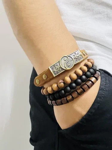 Miniatura 6 de 4 pulseras de cuero, diseño étnico con símbolo taoísta de Yin Yang