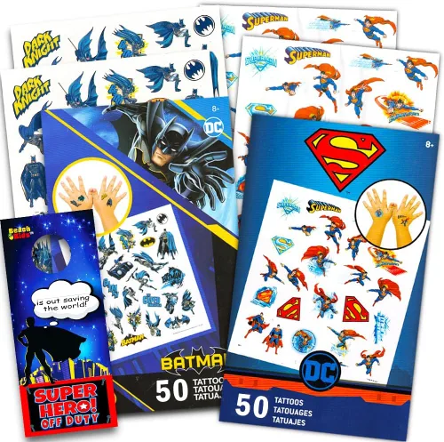 Batman v Superman - Juego de tatuajes temporales para fiestas (50 tatuajes de Batman, 50 tatuajes de Superman)