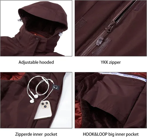 Miniatura 25 de CAMEL CROWN - Chamarra de esquí para mujer, impermeable, con capucha desmontable, rompevientos, forro polar, parka para lluvia