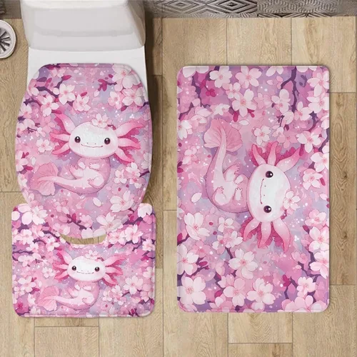 Miniatura 4 de Axolotl - Juego de 3 alfombras de baño antideslizantes y lavables para tapa de inodoro y tapete de contorno con respaldo de PVC, juego de tapetes