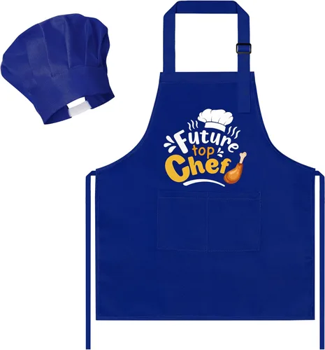 Miniatura 27 de R HORSE Juego de delantal y sombrero de chef para niños, 2 piezas, mini parrilla ajustable, delantal de cocina para niños, juego de rol, juguete