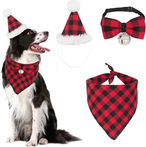 ADOGGYGO Juego de bandana de Navidad para perro, sombrero y pajarita, clásica a cuadros rojos, bufanda de Navidad para mascotas, disfraz de Navidad