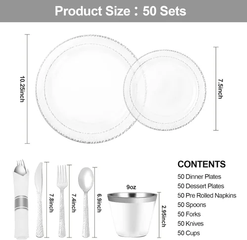 Miniatura 2 de Bestluck 350 piezas platos de plástico transparente con ribete plateado para 50 invitados, juego de vajilla desechable para fiestas y bodas, incluye