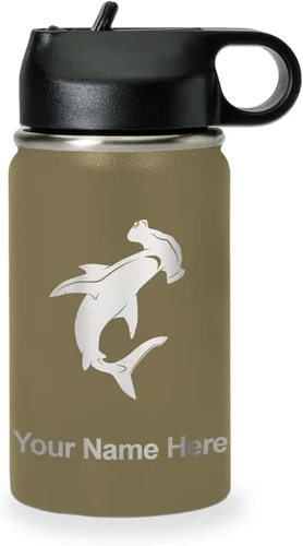 Miniatura 25 de LaserGram Botella de agua personalizada, tiburón martillo, acero inoxidable de doble pared aislada al vacío con popote superior, regalo grabado