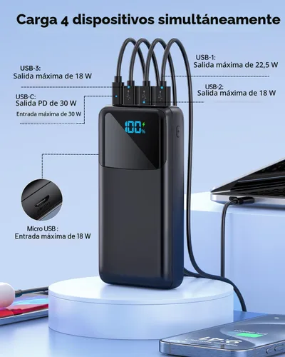 Miniatura 3 de Cargador portátil de 50000 mAh, USB-C PD de 30 W de carga rápida, batería externa de alta capacidad para campamento, cargador de teléfono portátil