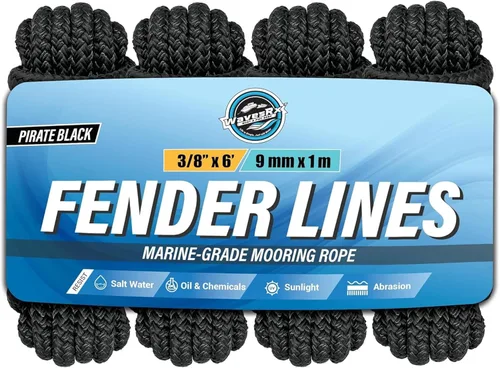 Línea de defensa premium de 3/8 pulgadas x 6 pies (paquete de 4) | Líneas y cuerdas de nailon trenzado doble para barcos para amarre, pontones,