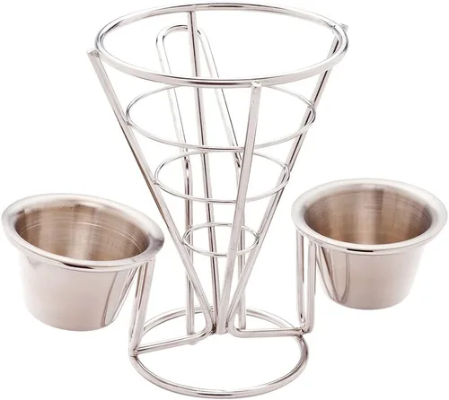 Miniatura 2 de Restaurantware Soporte para papas fritas de 4 x 5 pulgadas, 1 soporte para freír – con 2 soportes para salsas, soporte de cono de acero inoxidable