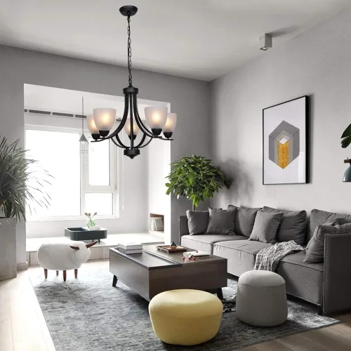 Miniatura 3 de 5 Light Shaded Contemporary Chandeliers with Alabaster Glass Black Rustic Light Fixtures Ceiling Hanging Mid Century Modern Pendant Lighting for