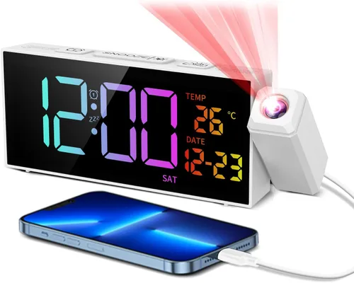 Netzu Reloj de proyección para techo de dormitorio, despertadores con proyector giratorio de 180°, temperatura de fecha y día de la semana, DST