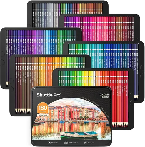 Shuttle Art 180 lápices de colores para adultos, juego de lápices de colores de núcleo suave con 4 sacapuntas, lápices de color profesionales para