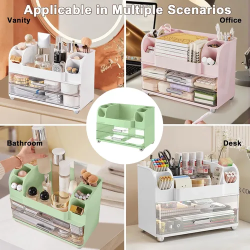 Miniatura 5 de DASITON Organizador de maquillaje de gran capacidad para tocador con 2 cajones, organizadores de cuidado de la piel con soporte para brochas