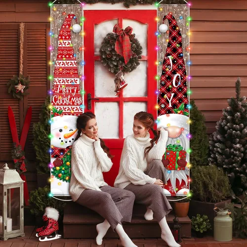 Miniatura 5 de Irenare Decoraciones de Pancarta de Navidad Iluminada con Luz LED Feliz Navidad Letrero de Porche Frontal Muñeco de Nieve Gnomo Pancarta Colgante