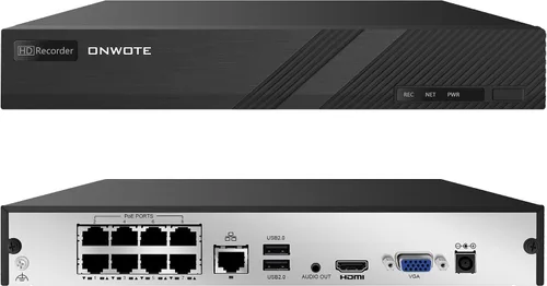 ONWOTE NVR de 8 canales 4K 8MP (8 puertos PoE incorporados), detección de movimiento, grabadora de audio de video de 8 canales, solo funciona con