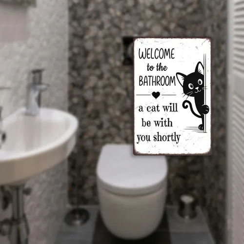 Miniatura 6 de Divertida decoración de baño – Welcome to the Bathroom A Cat Will Be With You Shortly – Cartel de metal de gato negro para baño, inodoro o tocador