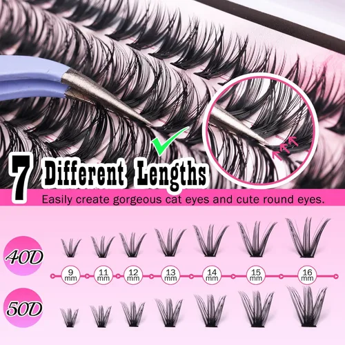 Miniatura 5 de Kit de pestañas en racimo, 280 racimos con cepillo, extensiones rizadas en D, con volumen, 23/64 a 40/64 pulgadas, 40D+50D, pestañas individuales