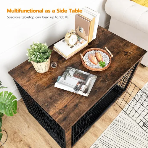 Miniatura 5 de HOOBRO Mueble de jaula para perros, perrera grande de 38.6 pulgadas para interiores, jaula de madera con bandeja extraíble, mesa auxiliar de casa